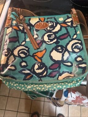 Fossil Teal Floral Crossbody Bag with Brown Trim